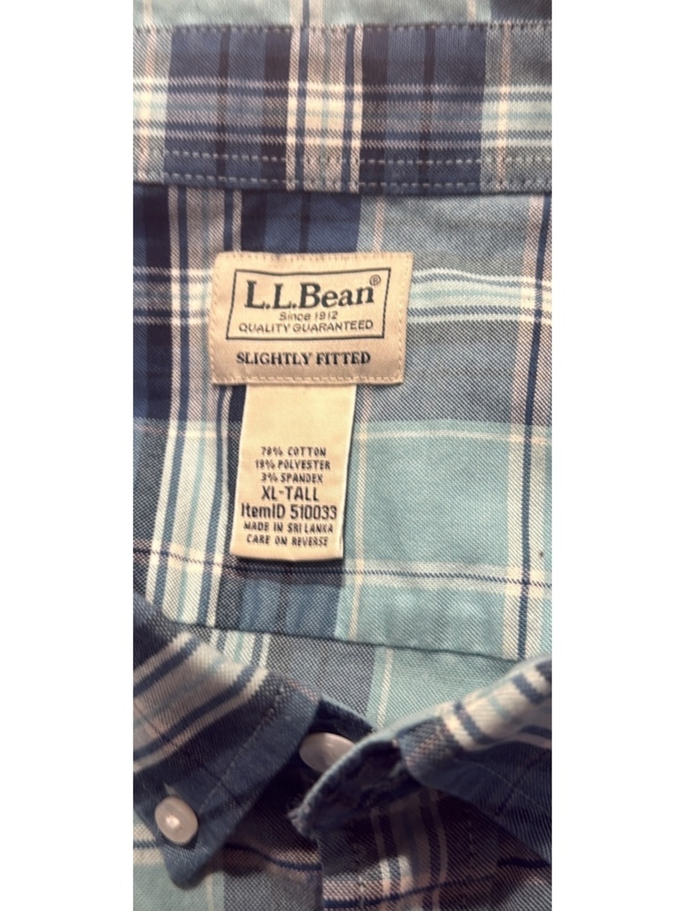 L.L.Bean Plaid Shirt Long Sleeve Man XL-Tall